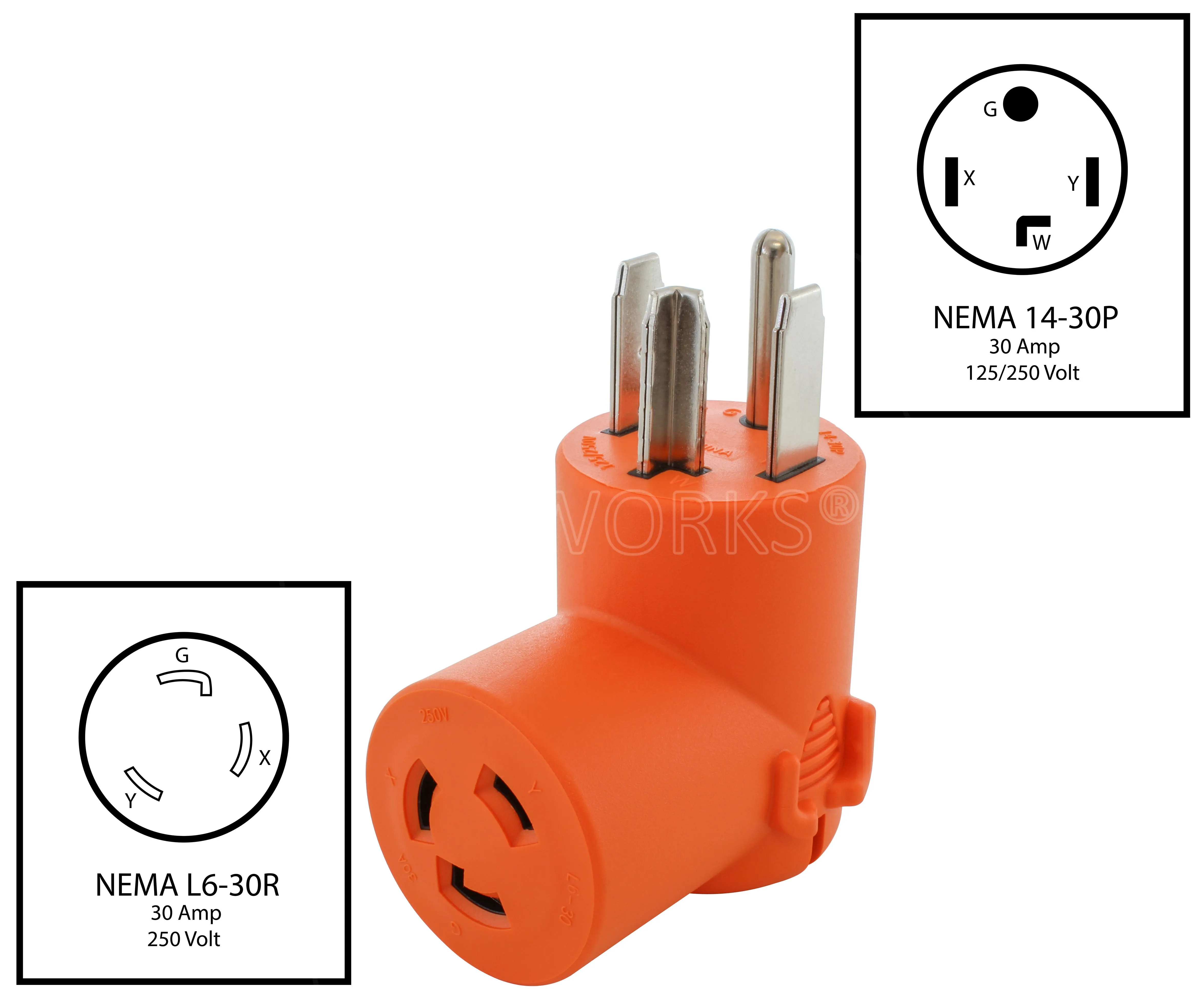 AC WORKS® [AD1430L630] Adapter NEMA 14-30P 30A Dryer Outlet to L6-30R 30A 250V Female Connector