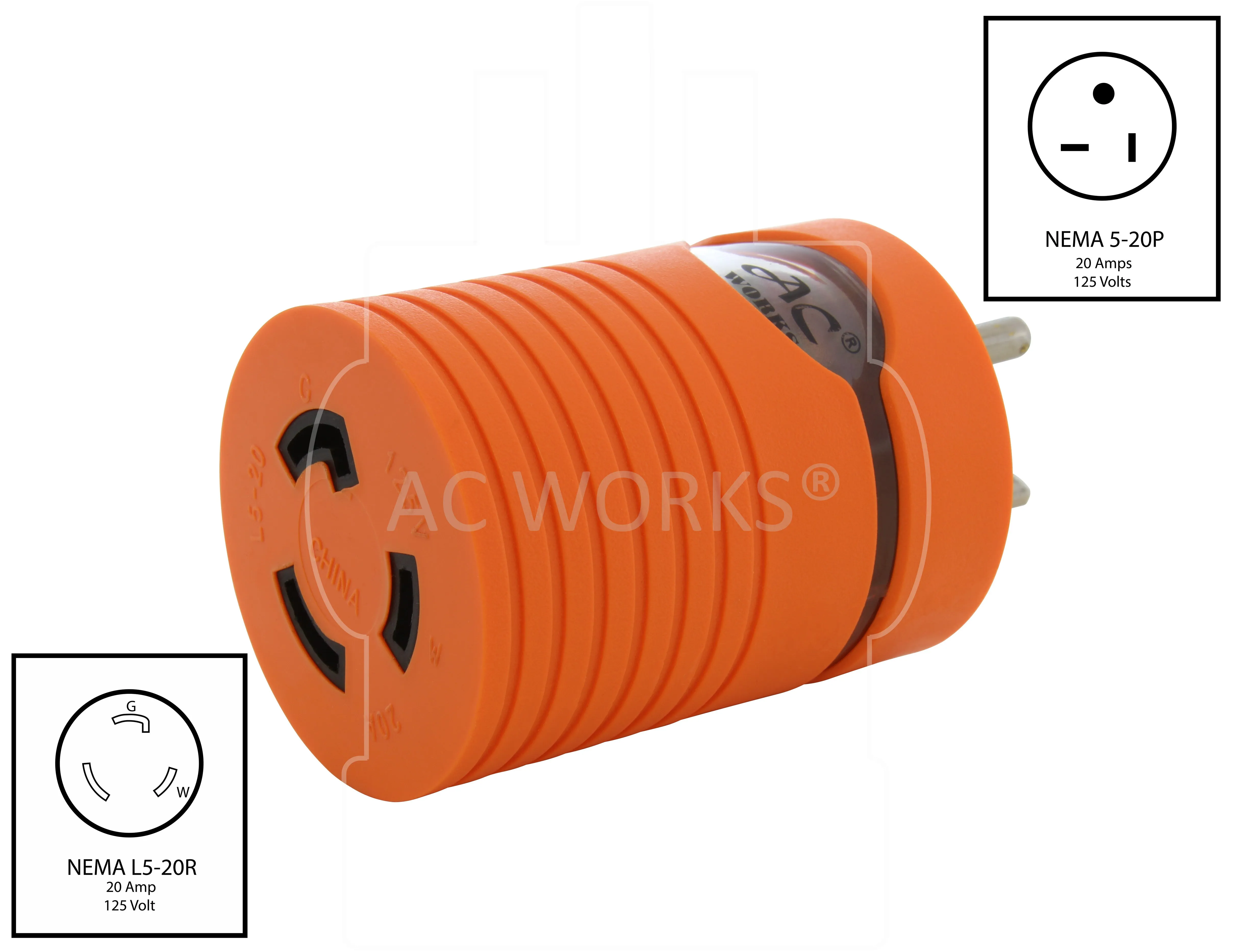 AC WORKS® [AD520L520] Adapter 5-20P 20A Household Male Plug to Locking L5-20R Female Connector