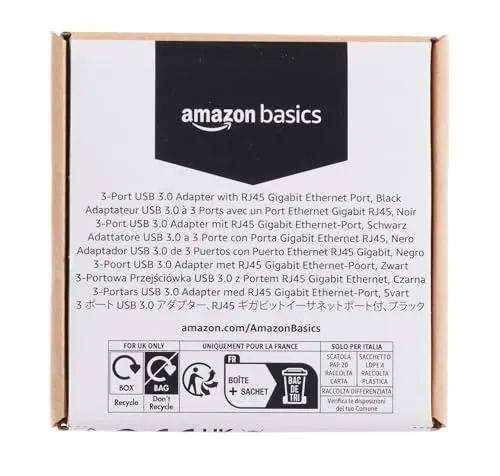 Amazon Basics 4-Port Adapter With 3 USB 3.0 USB-A Ports & 1 RJ45 Gigabit Ethernet Port, Black