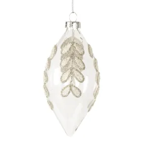 Clear with White Beaded Leaf Drops Glass Double Point Ornament