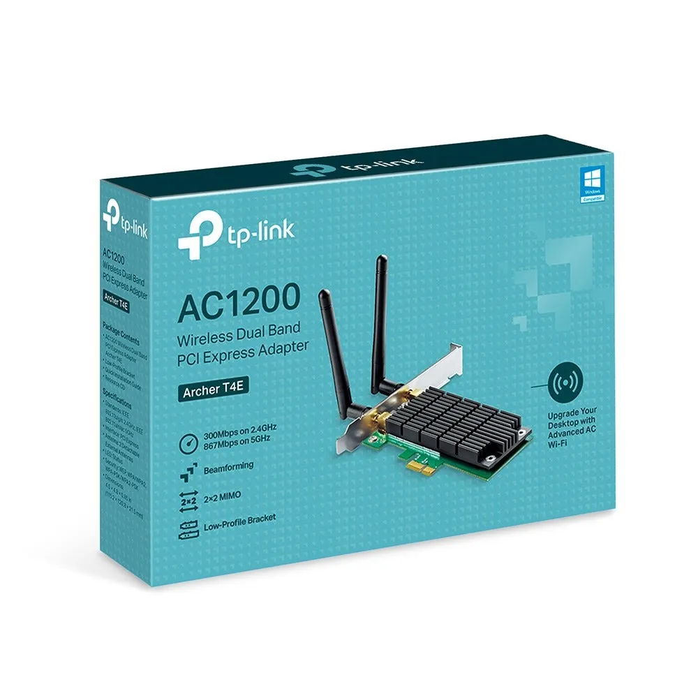 [CLEARANCE] TP-Link Archer T4E AC1200 Wireless Dual Band PCIe Adapter with 867Mbps at 5GHz, 300Mbps at 2.4GHz Wi-Fi, Dual External Antenna, Beamforming, Low-Profile Bracket, Heat Sink Technology for Windows 10/8.1/8/7/XP (32/64bit)