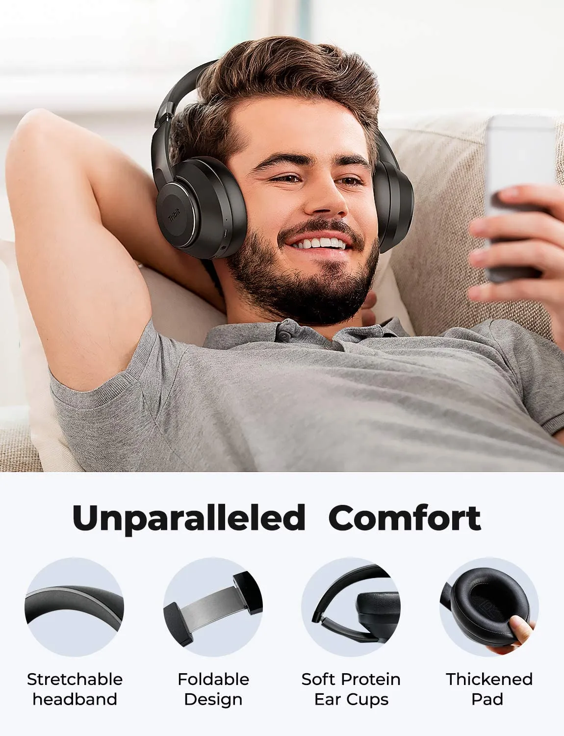 [CLEARANCE] Tribit QuietPlus 78 Active Noise Cancelling Wireless Headphones Bluetooth 5.0 Foldable with Memory Pads 35h Playtime Deep Bass BTH78