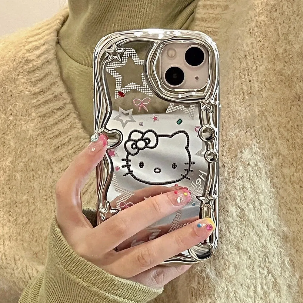 Cute Electroplated Silver HELLO KITTY Design with Beaded Pearl Hand Strap Protective Shockproof iPhone Case for iPhone 11 12 13 14 Pro Max