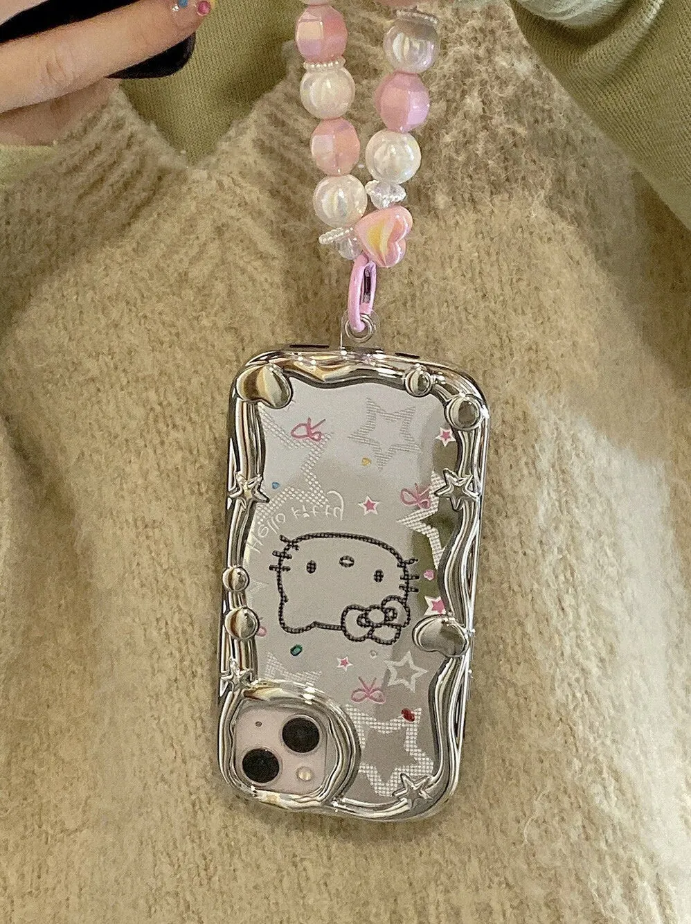 Cute Electroplated Silver HELLO KITTY Design with Beaded Pearl Hand Strap Protective Shockproof iPhone Case for iPhone 11 12 13 14 Pro Max