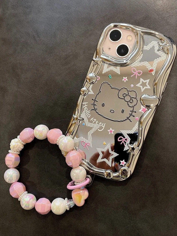 Cute Electroplated Silver HELLO KITTY Design with Beaded Pearl Hand Strap Protective Shockproof iPhone Case for iPhone 11 12 13 14 Pro Max