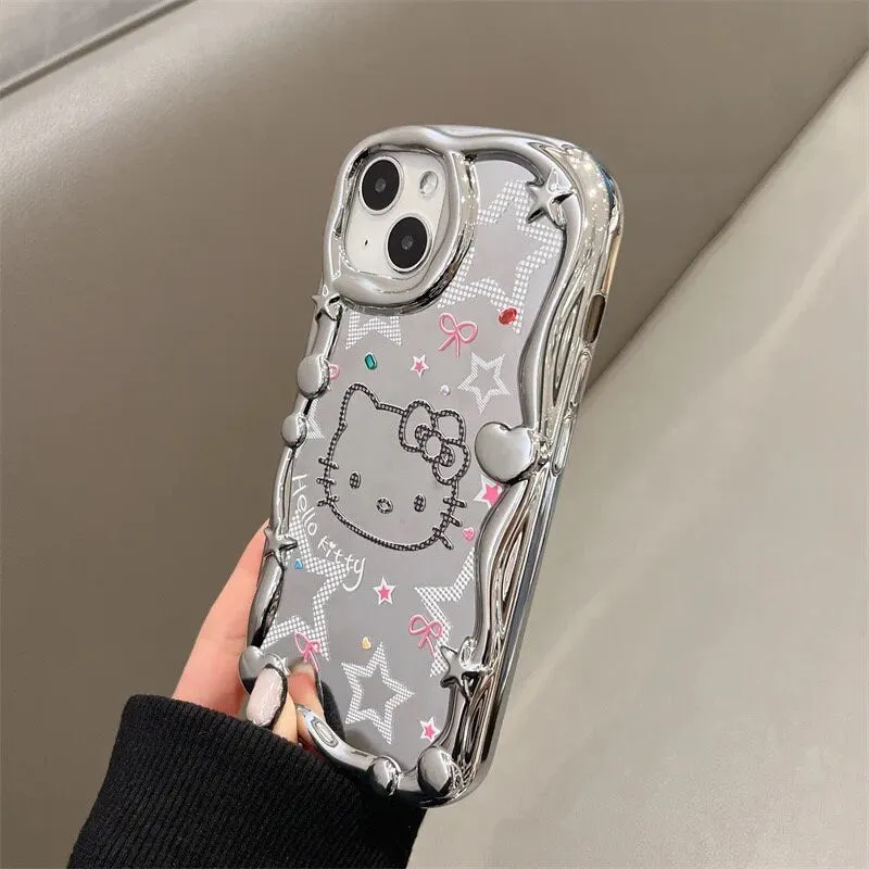 Cute Electroplated Silver HELLO KITTY Design with Beaded Pearl Hand Strap Protective Shockproof iPhone Case for iPhone 11 12 13 14 Pro Max