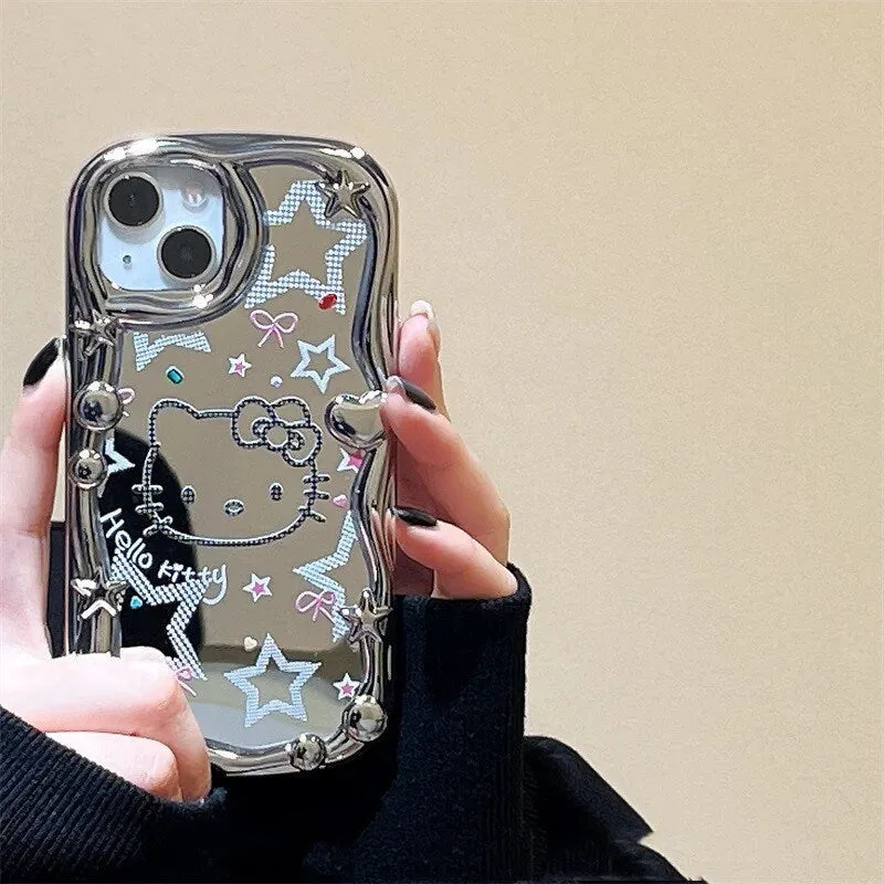 Cute Electroplated Silver HELLO KITTY Design with Beaded Pearl Hand Strap Protective Shockproof iPhone Case for iPhone 11 12 13 14 Pro Max