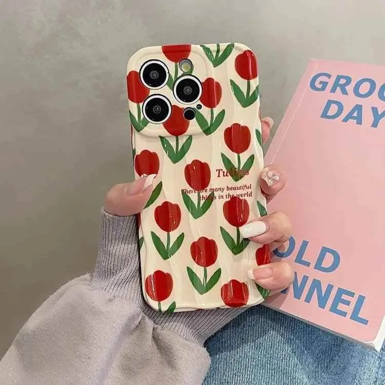 Cute Phone Cases For iPhone 11, 12, 13, 14, and 15 Pro Max - Beautiful Red Flower - Wavy Cover - TSP266