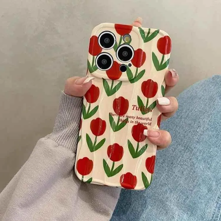 Cute Phone Cases For iPhone 11, 12, 13, 14, and 15 Pro Max - Beautiful Red Flower - Wavy Cover - TSP266