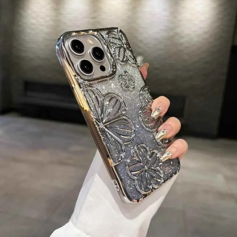 Cute Phone Cases for iPhone 11, 12, 13, 14, and 15 Pro Max - Luxury Glitter Flowers Cover - TSP194