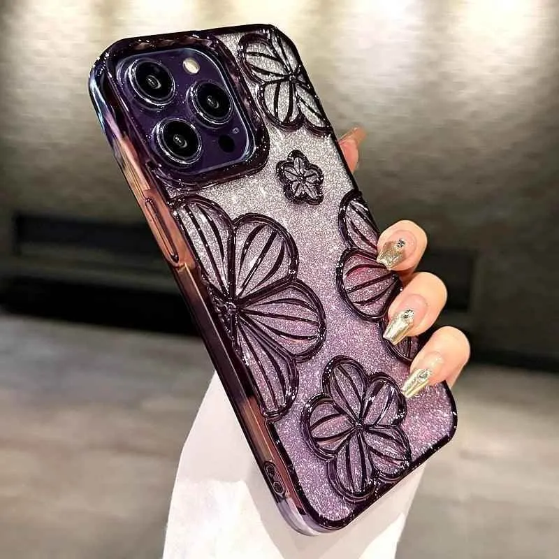 Cute Phone Cases for iPhone 11, 12, 13, 14, and 15 Pro Max - Luxury Glitter Flowers Cover - TSP194