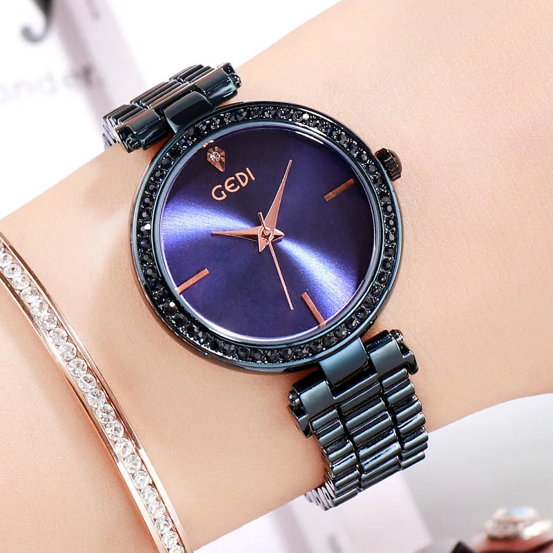 Delicate diamond-encrusted steel with quartz watch