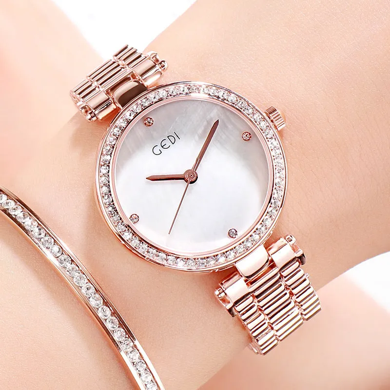 Delicate diamond-encrusted steel with quartz watch