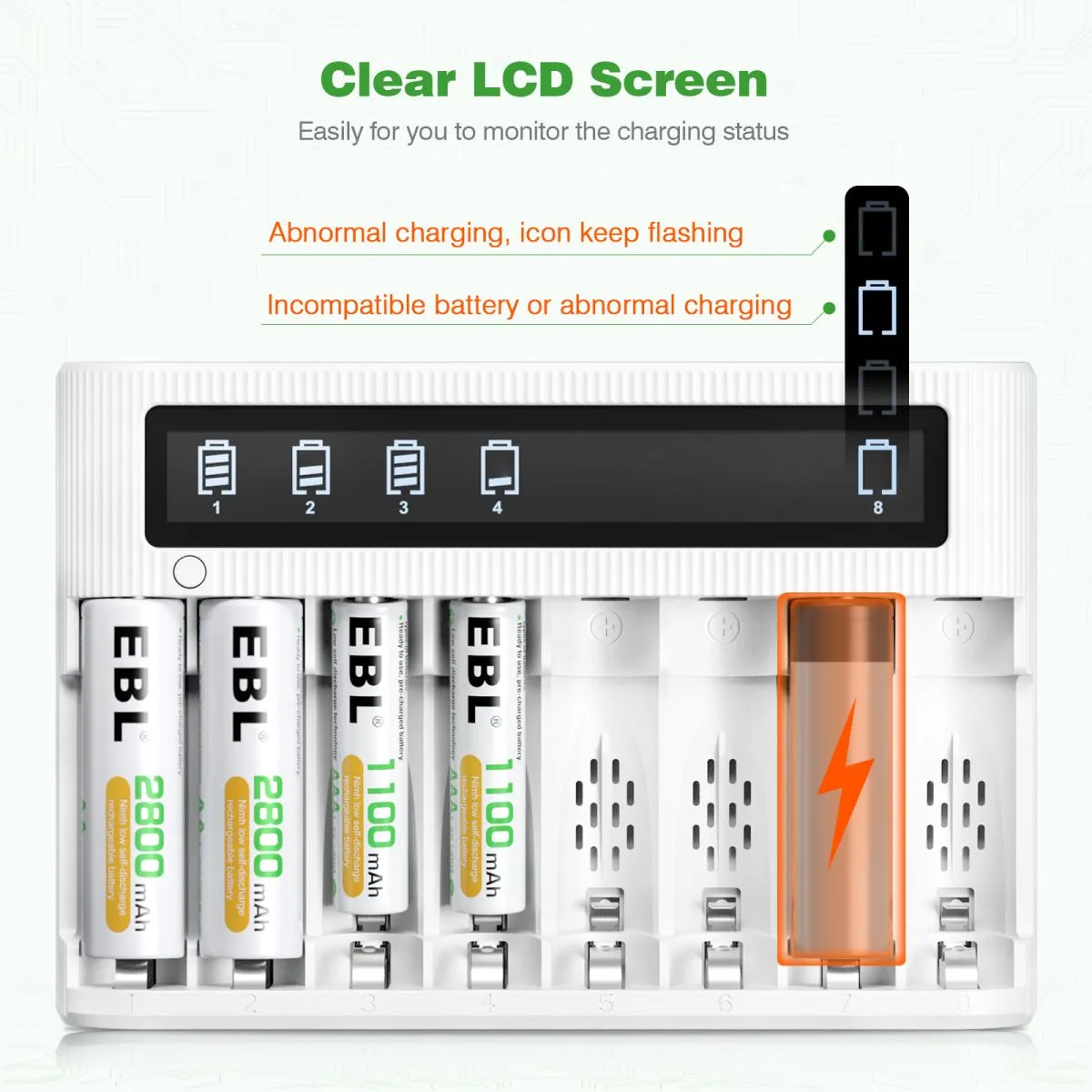 EBL AA AAA Batteries with FY-809 8-Bay LCD Battery Charger