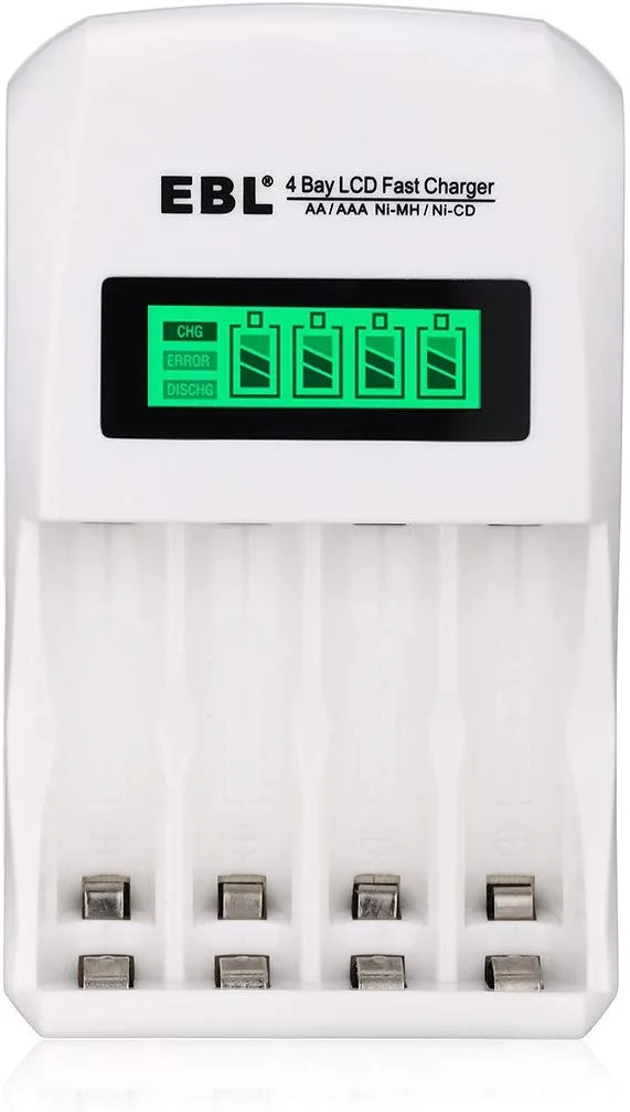 EBL LN-6907 4-Bay Smart Battery Charger with LCD Indicator Screen, Individually Controlled Quick Charging Slots, and Intelligent Overcurrent Protection (includes 4-Pack AAA Ni-MH Rechargeable Batteries)