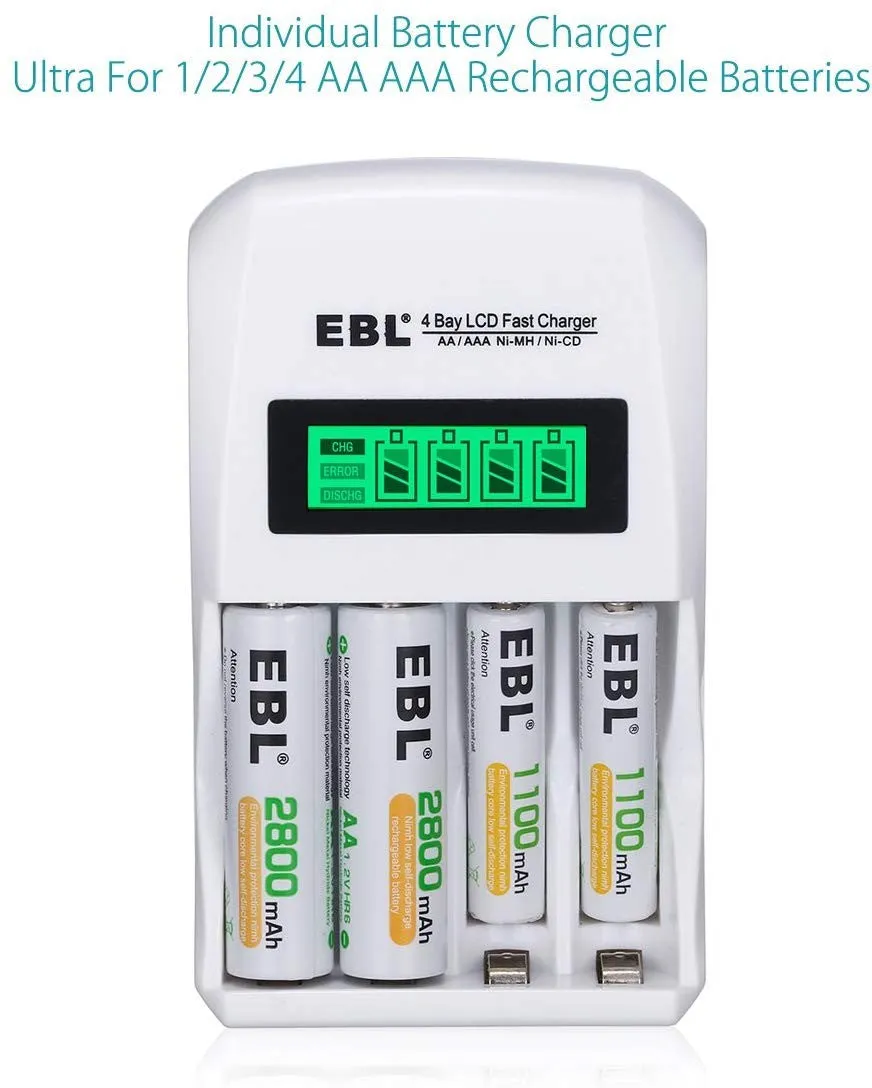 EBL LN-6907 4-Bay Smart Battery Charger with LCD Indicator Screen, Individually Controlled Quick Charging Slots, and Intelligent Overcurrent Protection (includes 4-Pack AAA Ni-MH Rechargeable Batteries)