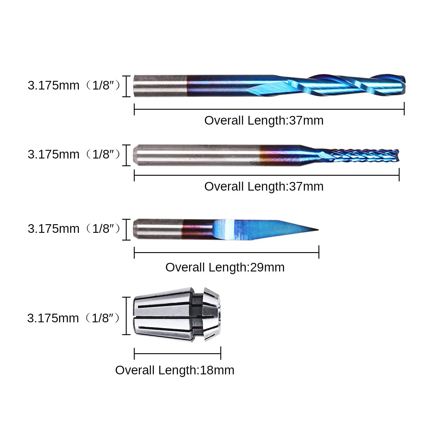 Essential Bundle Kit, 0.8-3.0mm, V20, 2-Flute, Flat Nose, ER11 Collet, 37Pcs