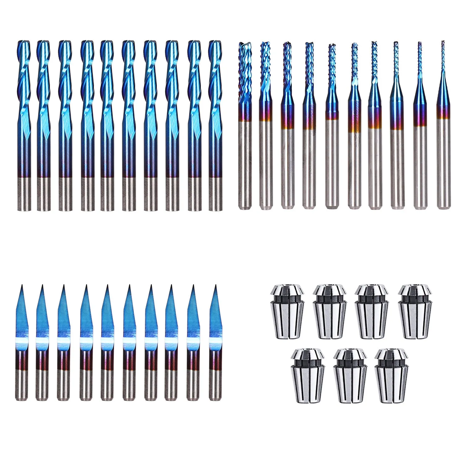 Essential Bundle Kit, 0.8-3.0mm, V20, 2-Flute, Flat Nose, ER11 Collet, 37Pcs