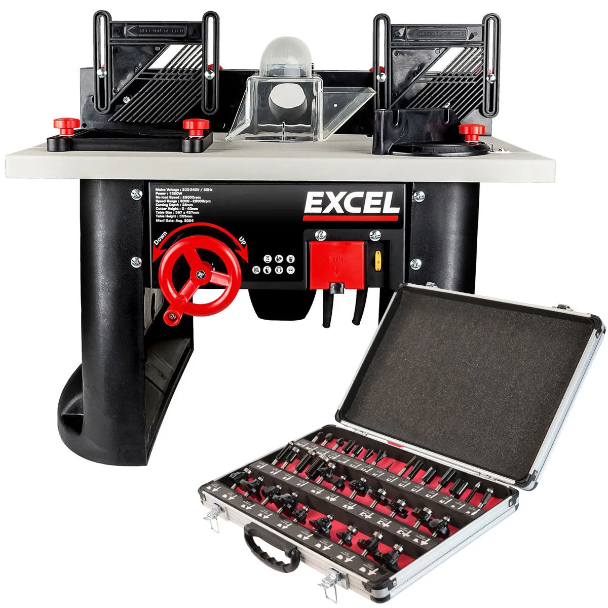 Excel Table Router Cutter 240V/1500W Black with 1/4in Shank Router Cutter Bit 35 Piece Set