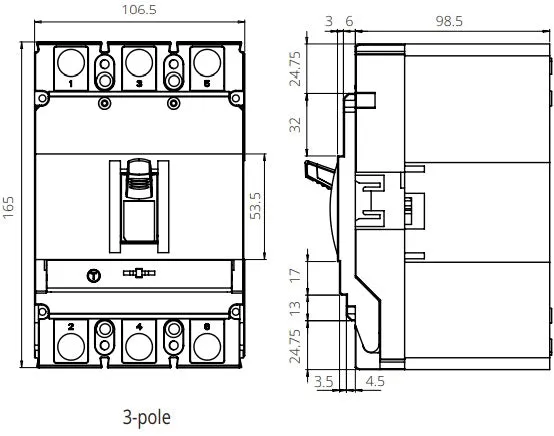 FGM6SM-4P-250H 125A, 4 Pole Moulded Case Circuit Breaker (MCCB) Thermal and Magnetic, Fixed Type ICS=36kA 125 Amp, 400/690VAC