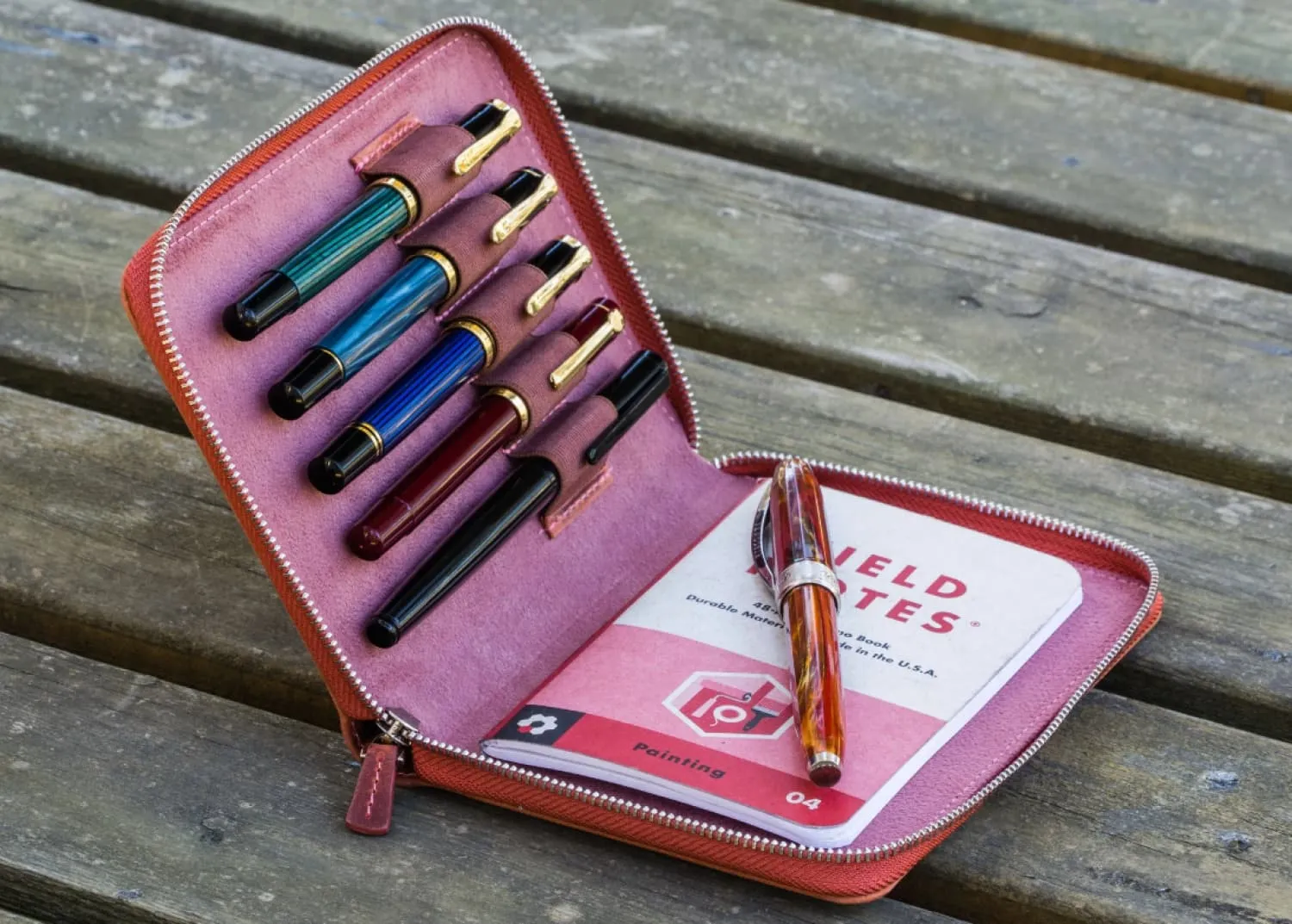 Galen Leather Pen Case Zippered 5 Slots in Orange