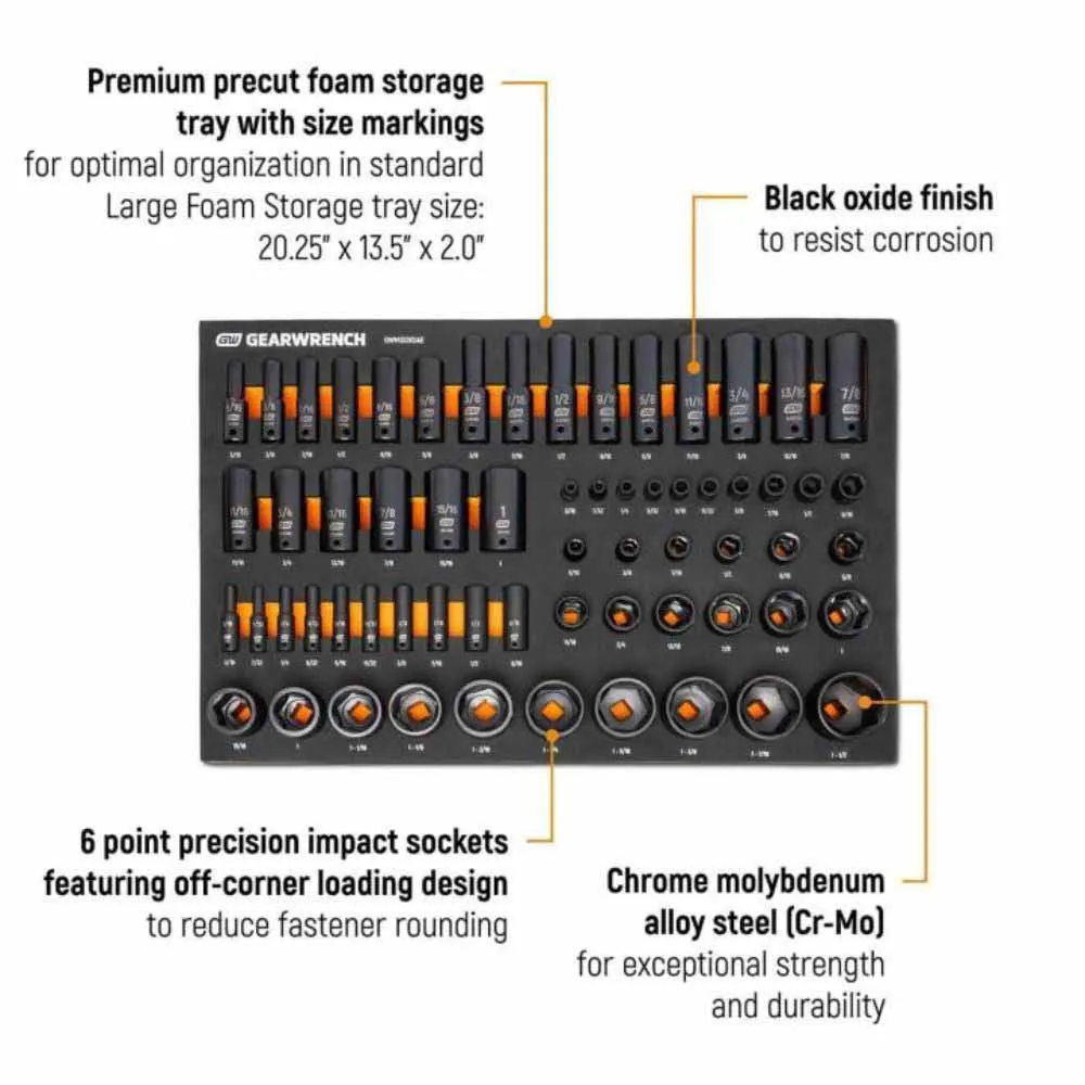 Gearwrench GWMSISKSAE 63 Piece 1/4”, 3/8”, 1/2” Drive 6 Point SAE Impact Socket Set in Foam Storage Tray