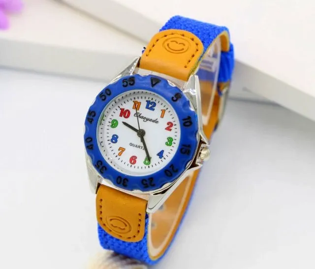 High Quality Blue Boy Black Watch Girl Kids Children's Gift Fabric Strap Learn Time Tutor Student Wristwatch 1486