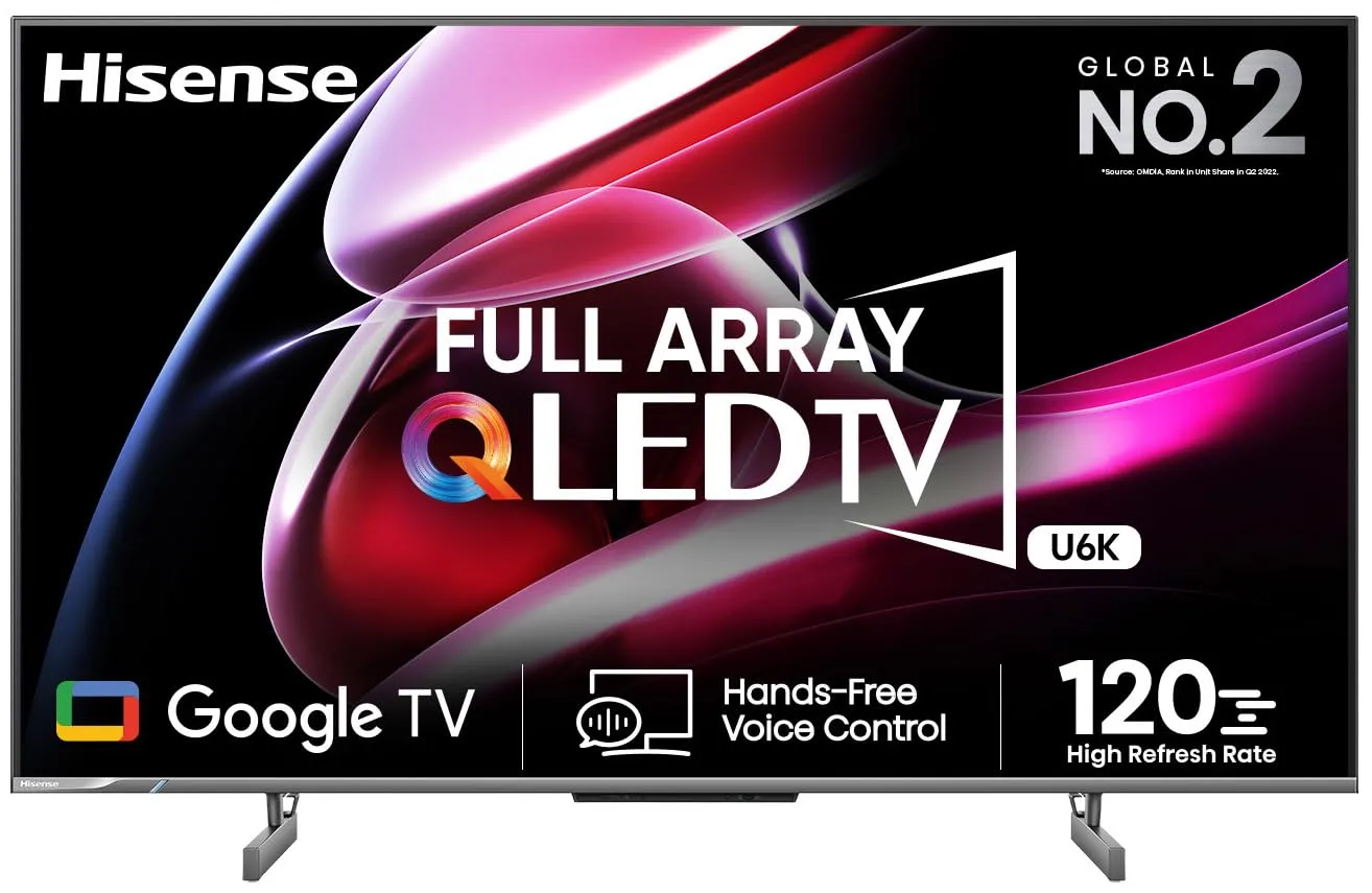 Hisense 164 cm (65 inches) 4K Ultra HD Smart QLED Google TV 65U6K (Gray) | Dolby Vision & Atmos | HSR 120 Mode | 32 Full Array Local Dimming Zones