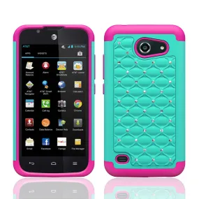 Huawei Fusion3 | Huawei Tribute | Huawei Y536a Rhinestone Case , Slim Hybrid Dual Layer[Shock Resistant] Crystal Rhinestone Studded Case Cover - Teal/Hot Pink