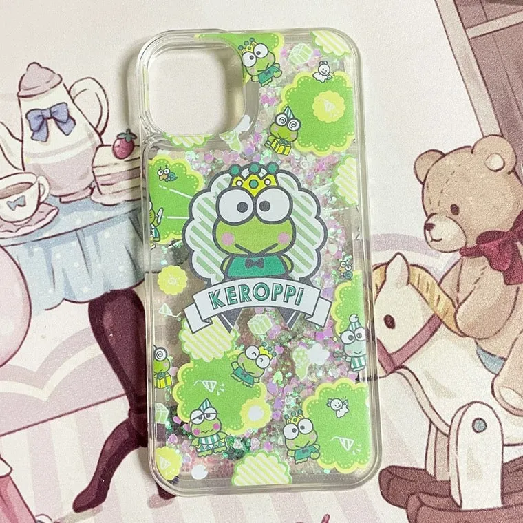 Japanese Cartoon KeroKeroKeroppi Keroppi King Glitter QuickSand iPhone Case 6 7 8 PLUS SE2 XS XR X 11 12 13 14 15 Pro Promax 12mini 13mini