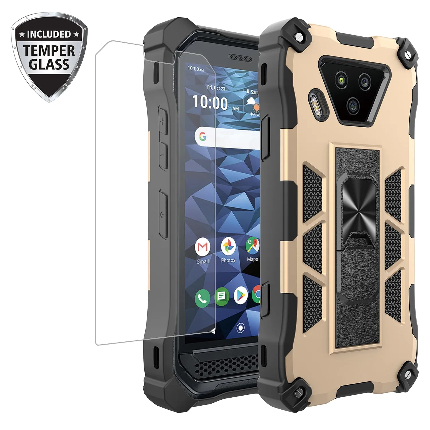 Kyocera DuraForce Ultra 5G Case [Military Grade] Ring Car Mount Kickstand Hybrid Hard PC Soft TPU Shockproof Protective Case - Gold