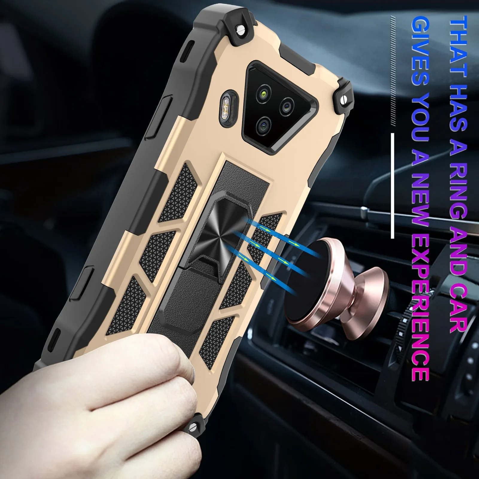 Kyocera DuraForce Ultra 5G Case [Military Grade] Ring Car Mount Kickstand Hybrid Hard PC Soft TPU Shockproof Protective Case - Gold