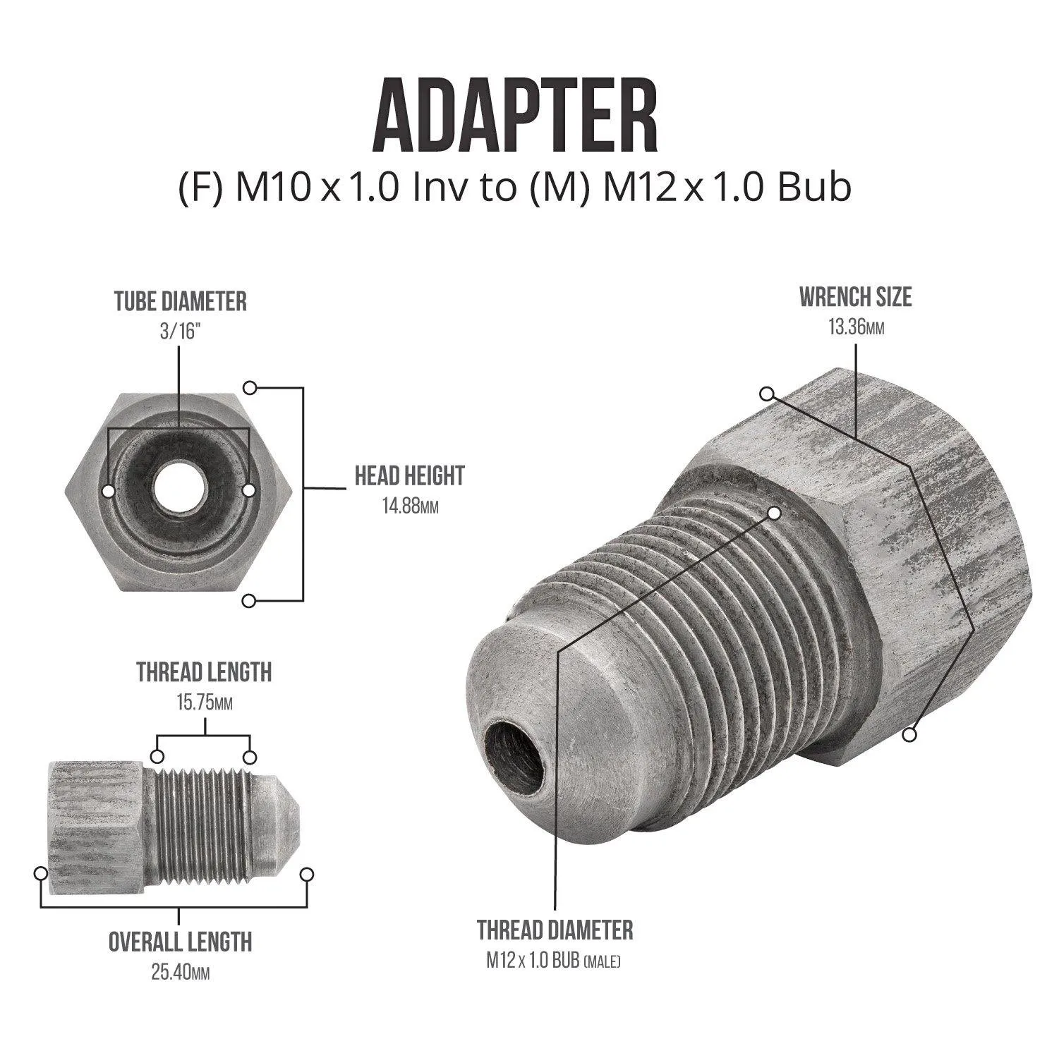 (M10x1.0 Inverted)F to (M12x1.0 Bubble)M | Stainless Steel Brake Line Adapter |  | 10ct