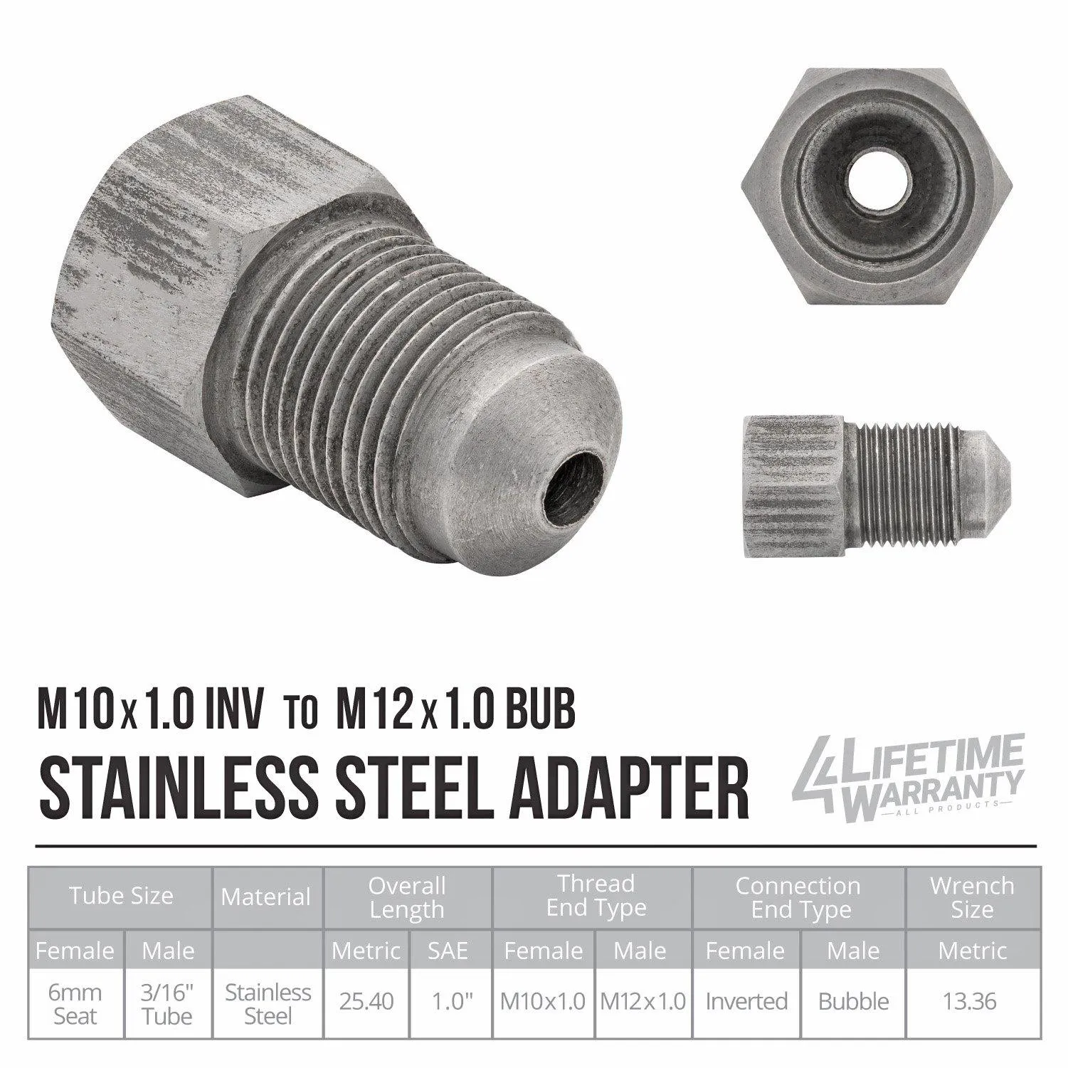 (M10x1.0 Inverted)F to (M12x1.0 Bubble)M | Stainless Steel Brake Line Adapter |  | 10ct