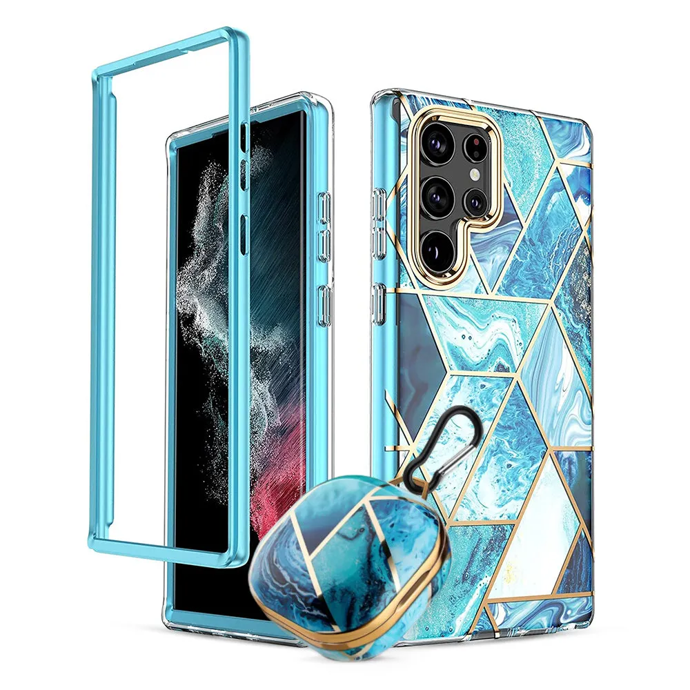 Marble Bundle for Samsung Galaxy S22 5G Ultra Case   Galaxy Buds Case |Blue