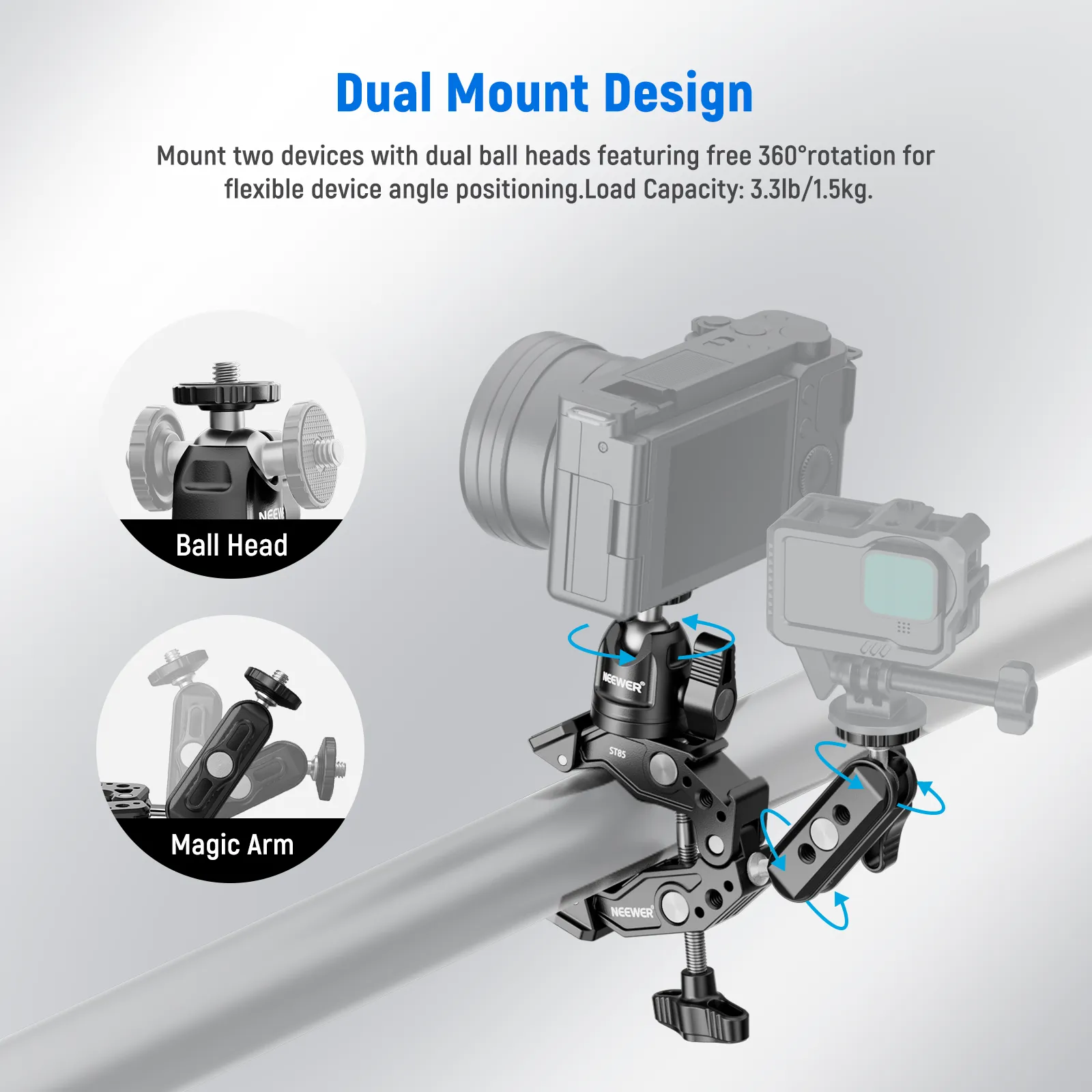 NEEWER ST85 Super Clamp with 3" Dual Ballhead Magic Arm