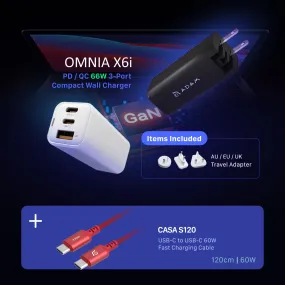 OMNIA X6i PD / QC 66W Compact Wall Charger   CASA S120  USB-C to USB-C 60W Braided Charging Cable (120CM)