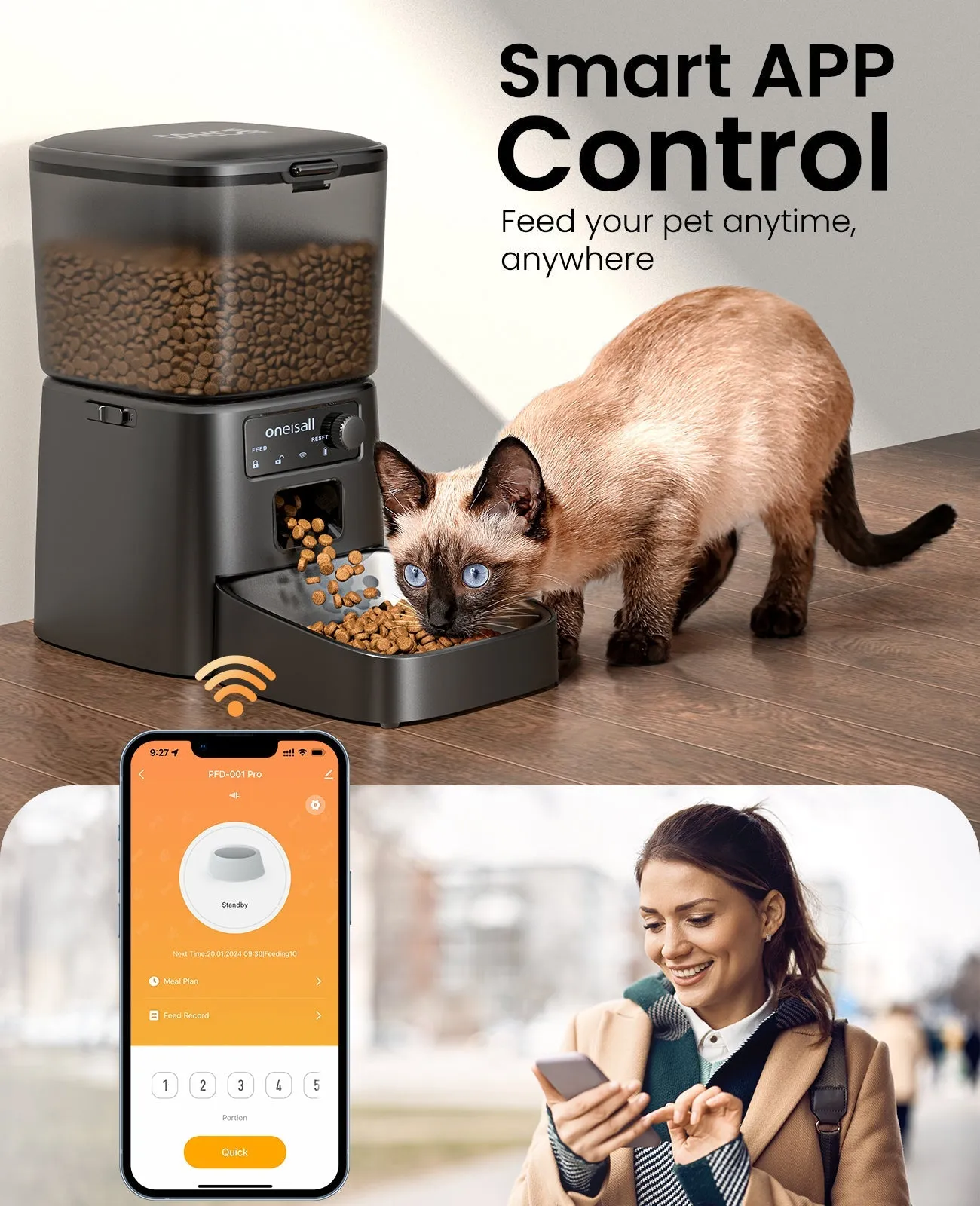 Oneisall 3.5L Automatic Cat Feeder with 2.4G Wi-Fi & APP Control