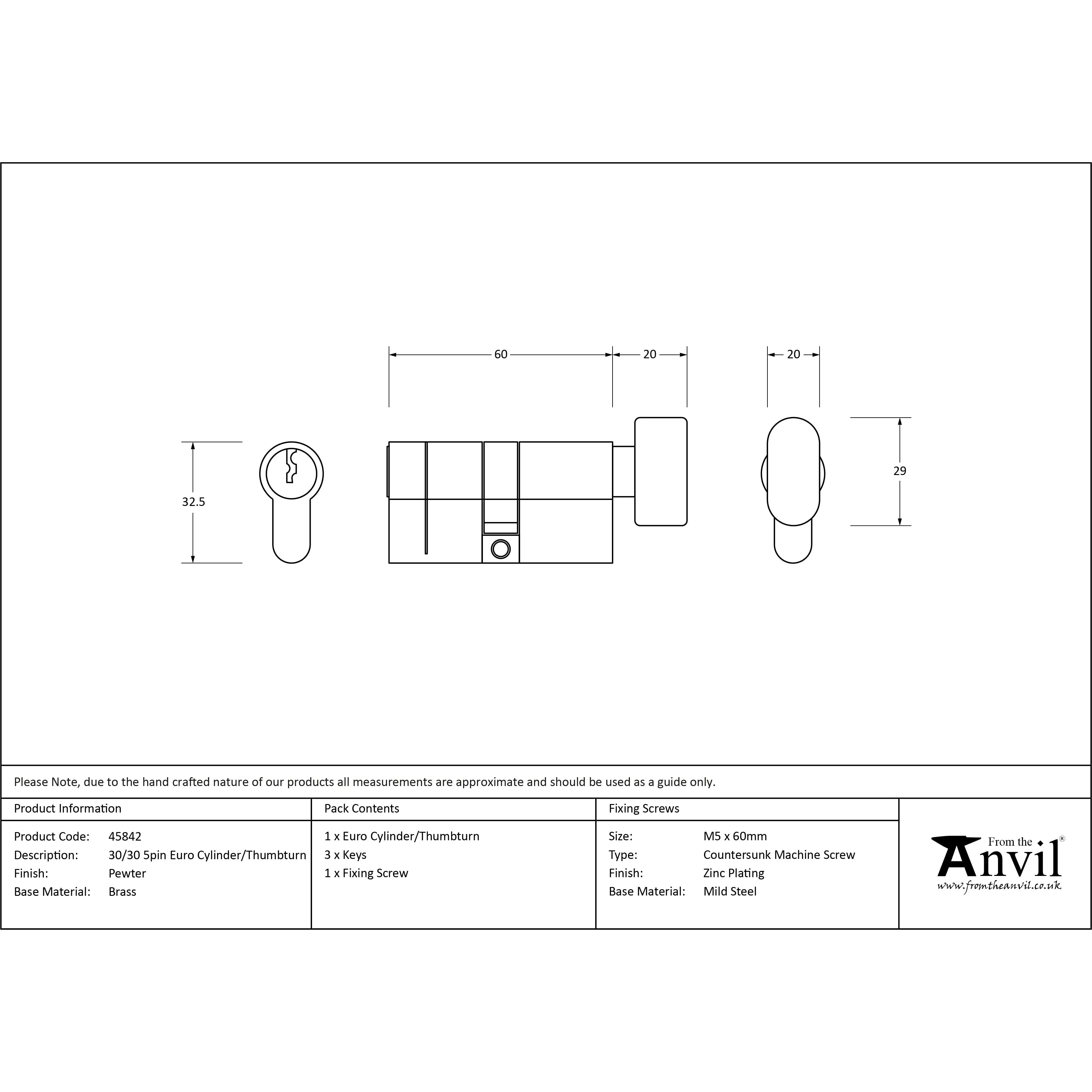 Pewter 30/30 5pin Euro Cylinder/Thumbturn | From The Anvil