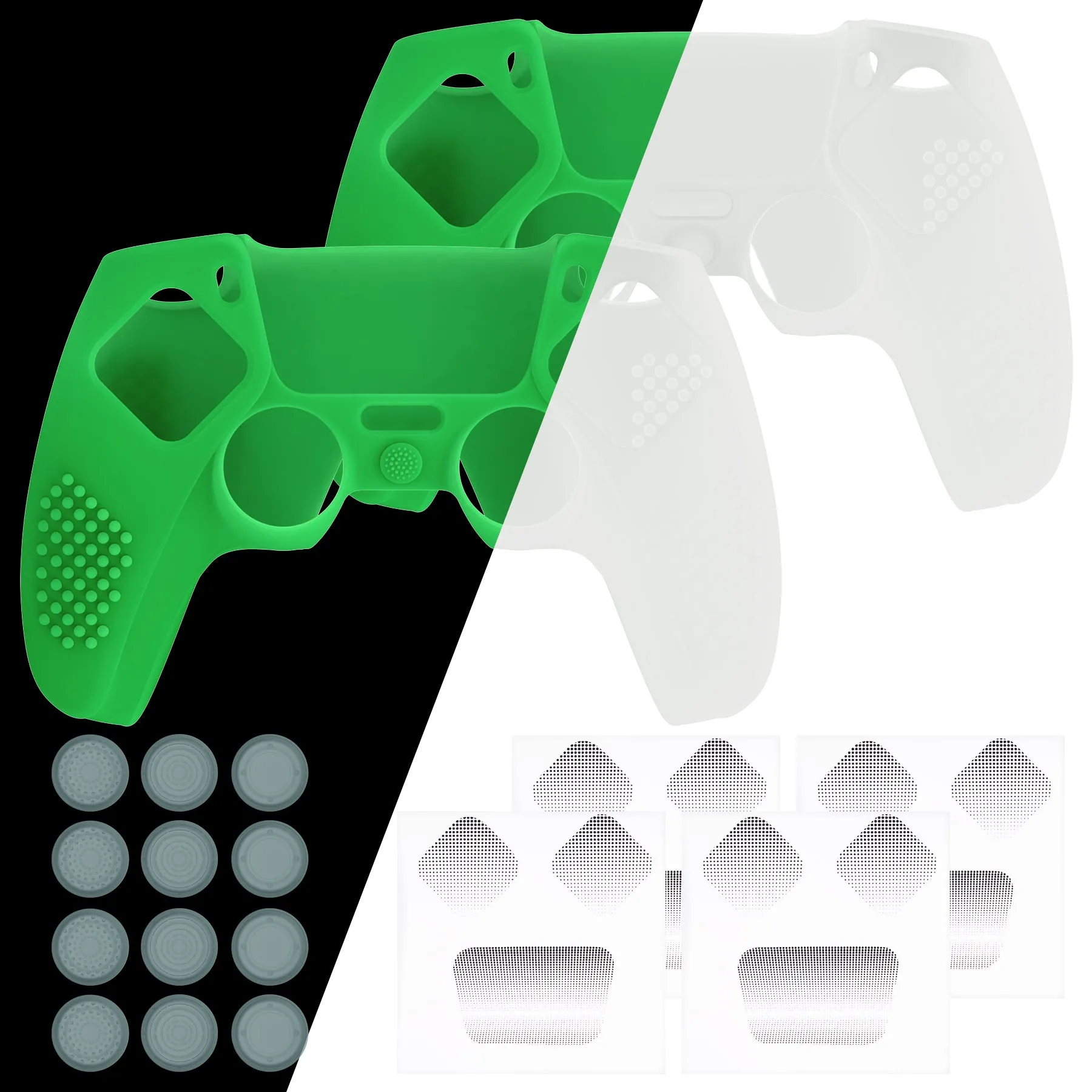 PlayVital 2 Set Upgraded 3D Studded Edition Glow in Dark - Green Silicone Cover Skin for PS5 Controller with 6 Thumb Grips & 2 Stickers, Anti-Slip Shockproof Controller Grip Case - Compatible with Charging Dock - TVAPFP012