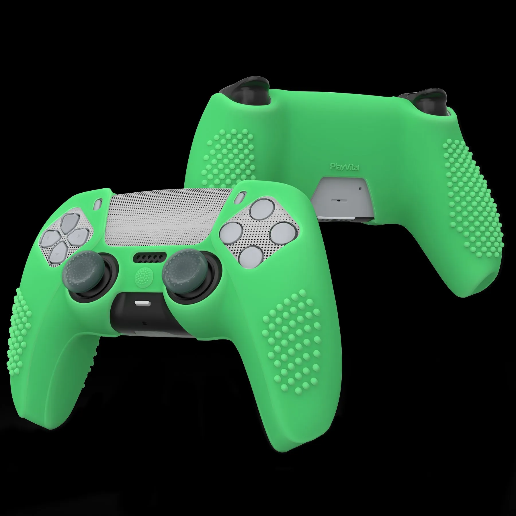 PlayVital 2 Set Upgraded 3D Studded Edition Glow in Dark - Green Silicone Cover Skin for PS5 Controller with 6 Thumb Grips & 2 Stickers, Anti-Slip Shockproof Controller Grip Case - Compatible with Charging Dock - TVAPFP012