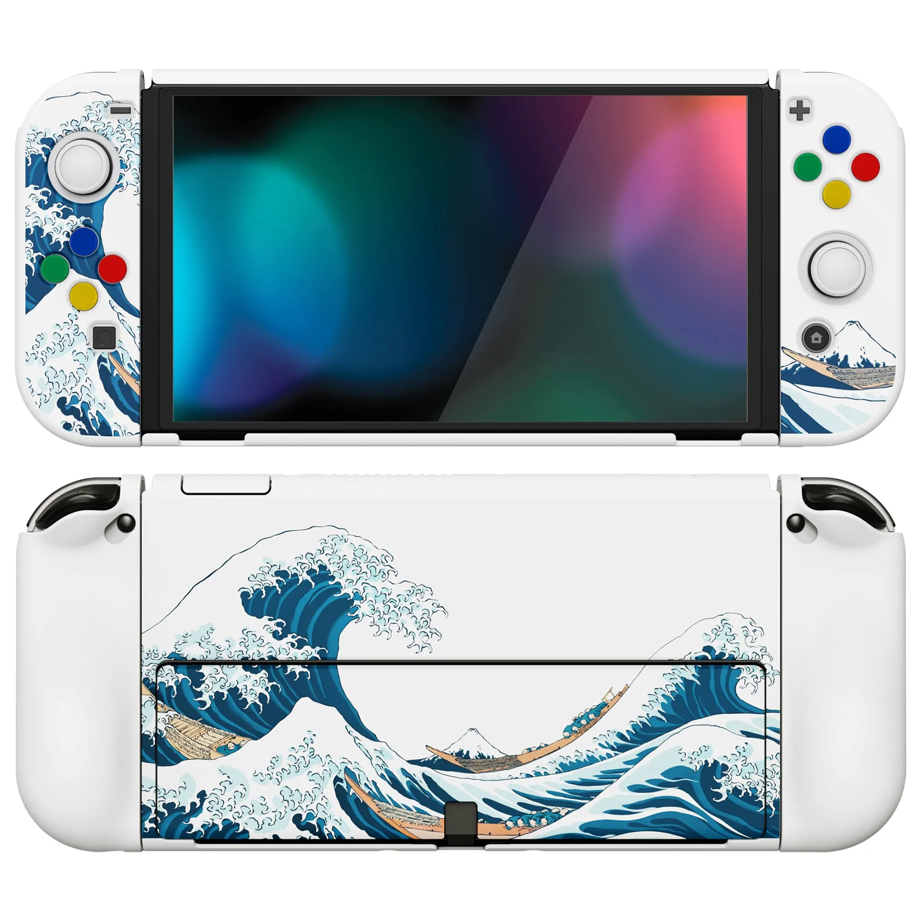 PlayVital AlterGrips Protective Slim Case for Nintendo Switch OLED, Ergonomic Grip Cover for Joycon, Dockable Hard Shell for Switch OLED with Thumb Grip Caps & Button Caps - The Great Wave off Kanagawa - JSOYT001