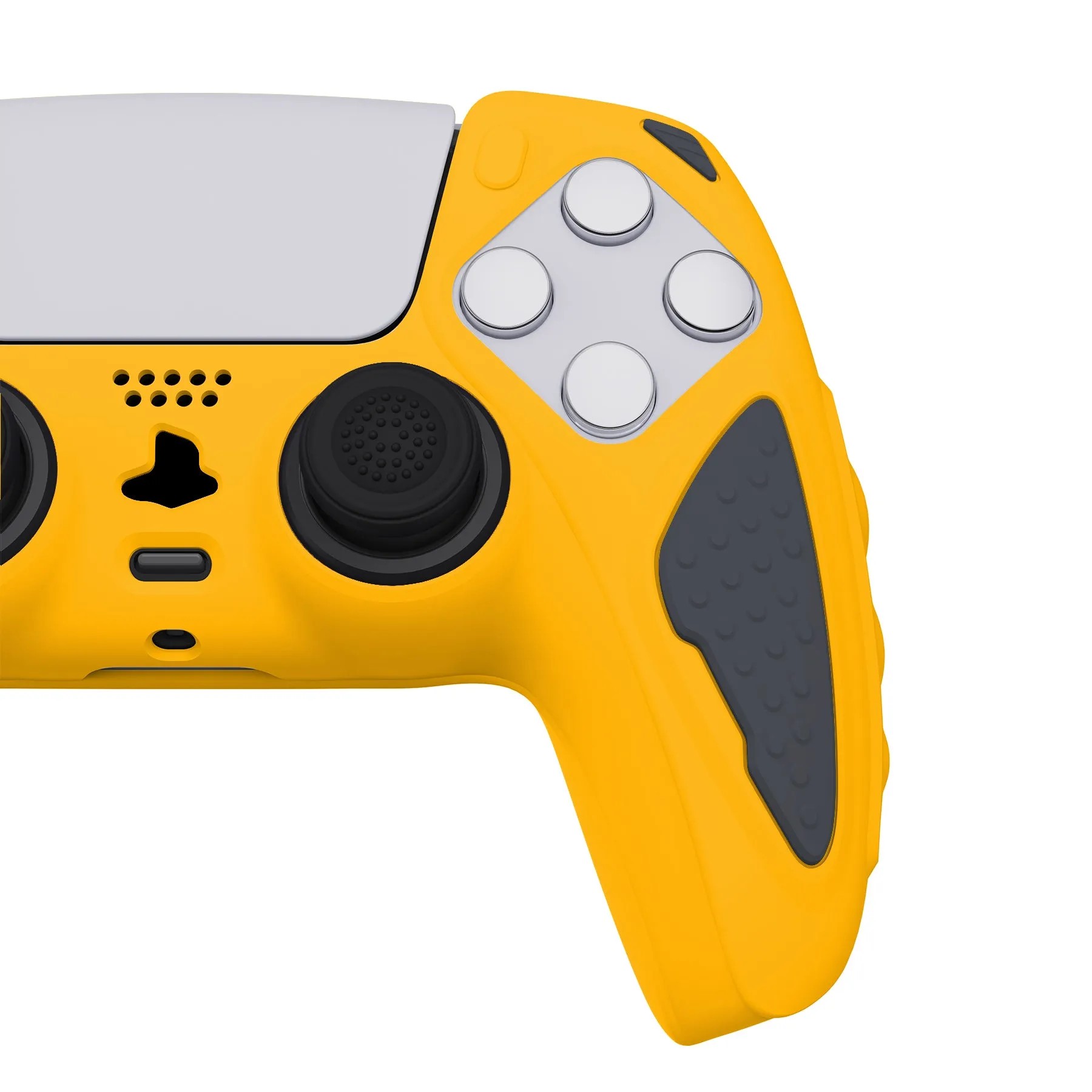 PlayVital Knight Edition Caution Yellow & Graphite Gray Two Tone Anti-Slip Silicone Cover Skin for Playstation 5 Controller, Soft Rubber Case for PS5 Controller with Thumb Grip Caps - QSPF014