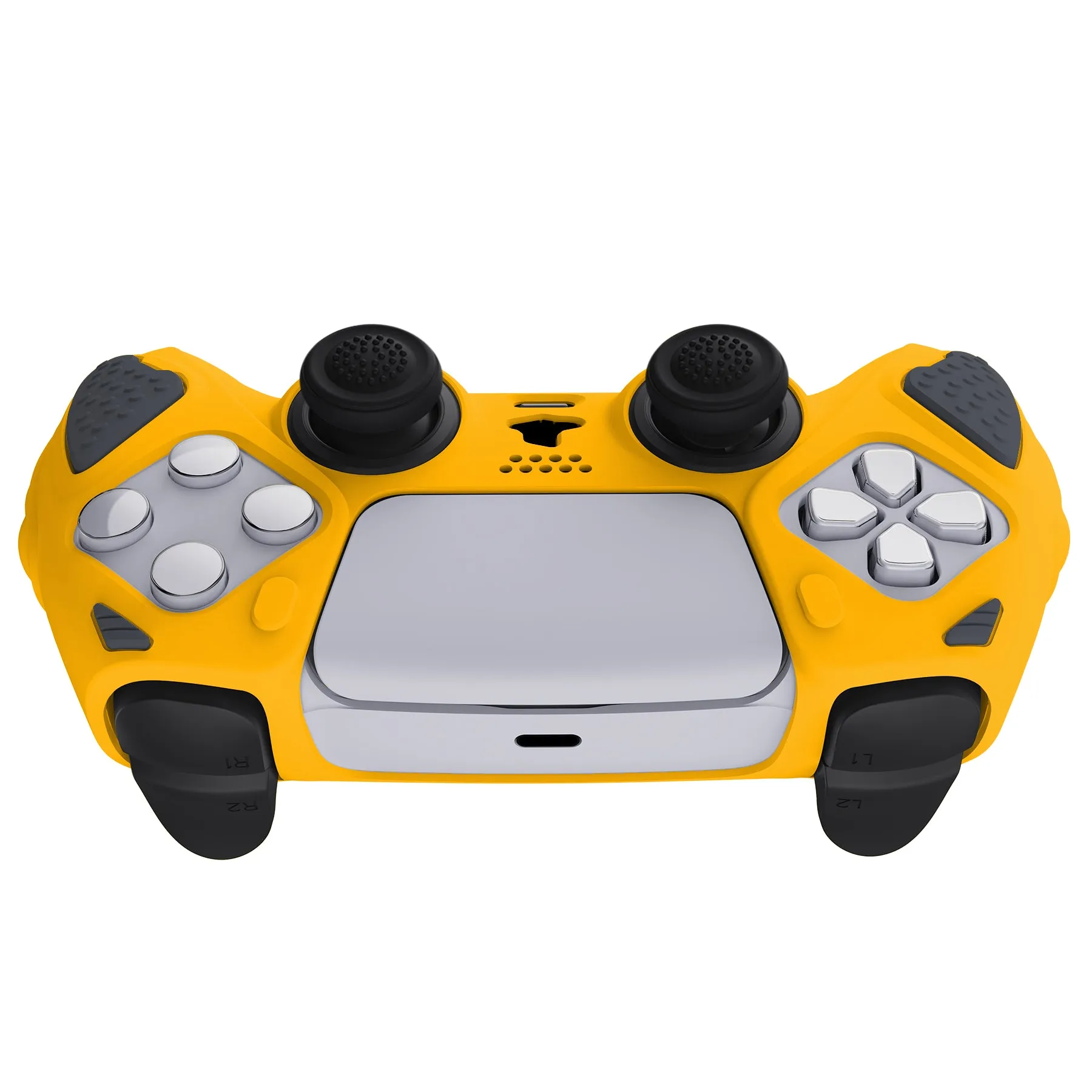 PlayVital Knight Edition Caution Yellow & Graphite Gray Two Tone Anti-Slip Silicone Cover Skin for Playstation 5 Controller, Soft Rubber Case for PS5 Controller with Thumb Grip Caps - QSPF014