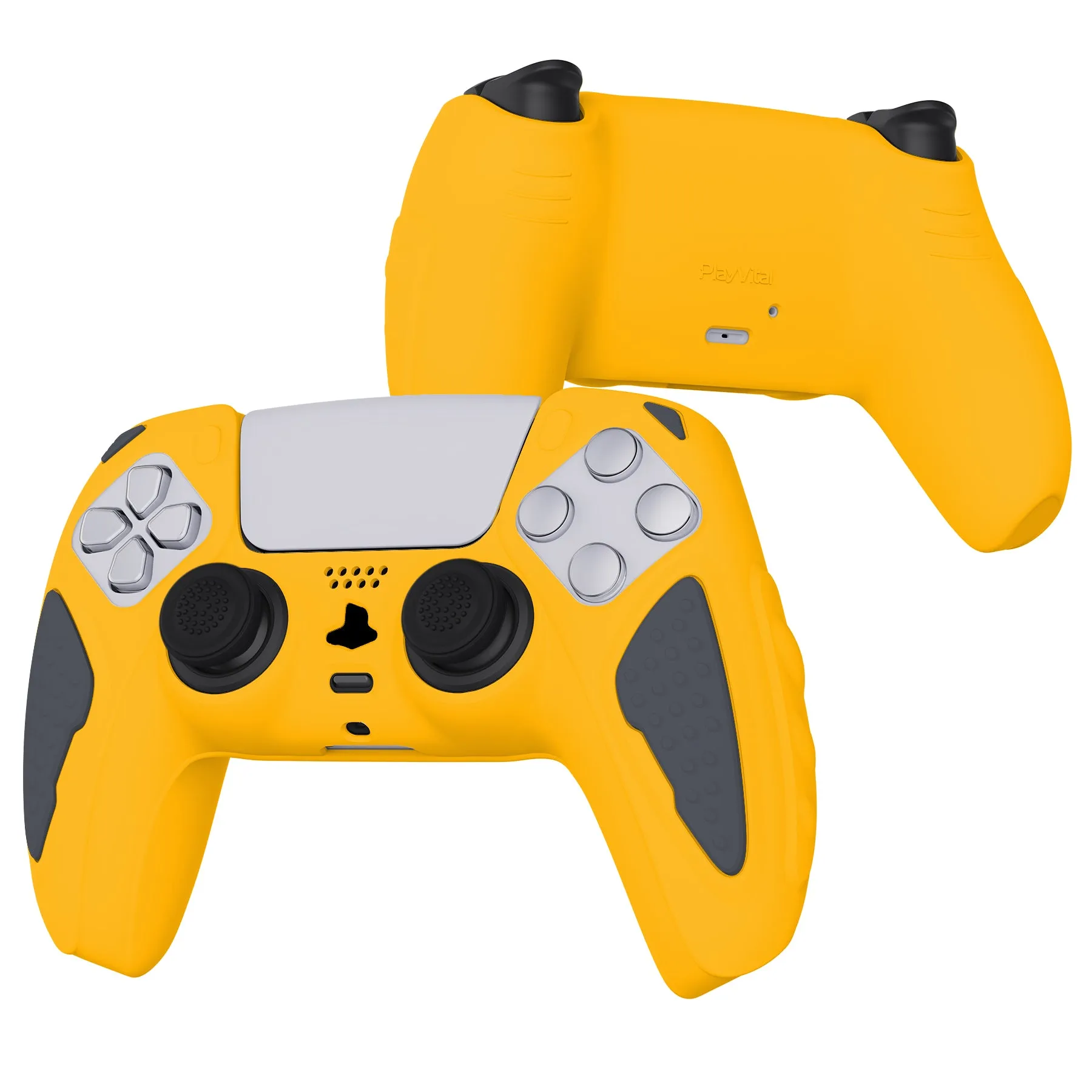 PlayVital Knight Edition Caution Yellow & Graphite Gray Two Tone Anti-Slip Silicone Cover Skin for Playstation 5 Controller, Soft Rubber Case for PS5 Controller with Thumb Grip Caps - QSPF014