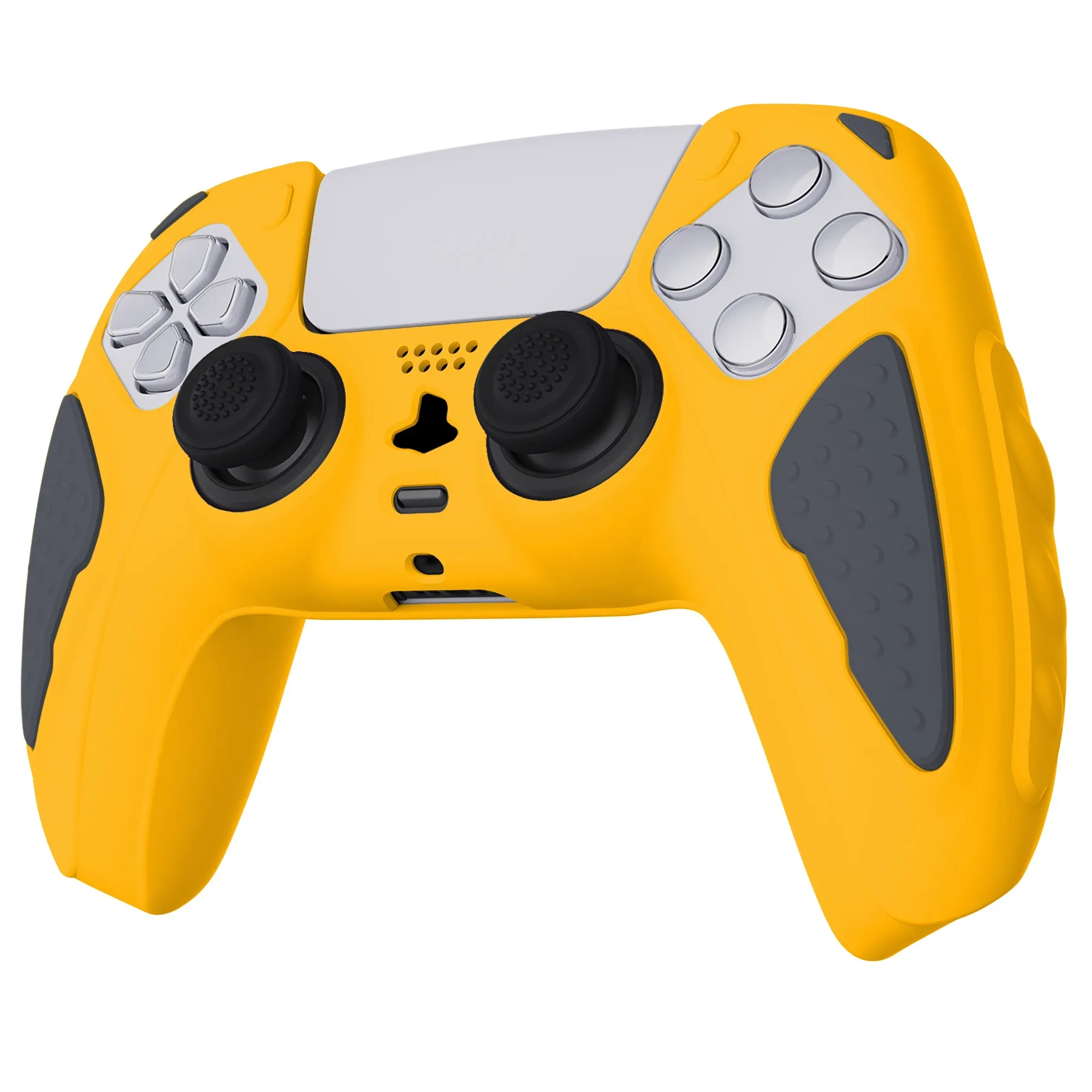 PlayVital Knight Edition Caution Yellow & Graphite Gray Two Tone Anti-Slip Silicone Cover Skin for Playstation 5 Controller, Soft Rubber Case for PS5 Controller with Thumb Grip Caps - QSPF014