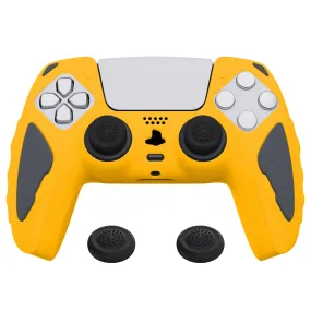 PlayVital Knight Edition Caution Yellow & Graphite Gray Two Tone Anti-Slip Silicone Cover Skin for Playstation 5 Controller, Soft Rubber Case for PS5 Controller with Thumb Grip Caps - QSPF014