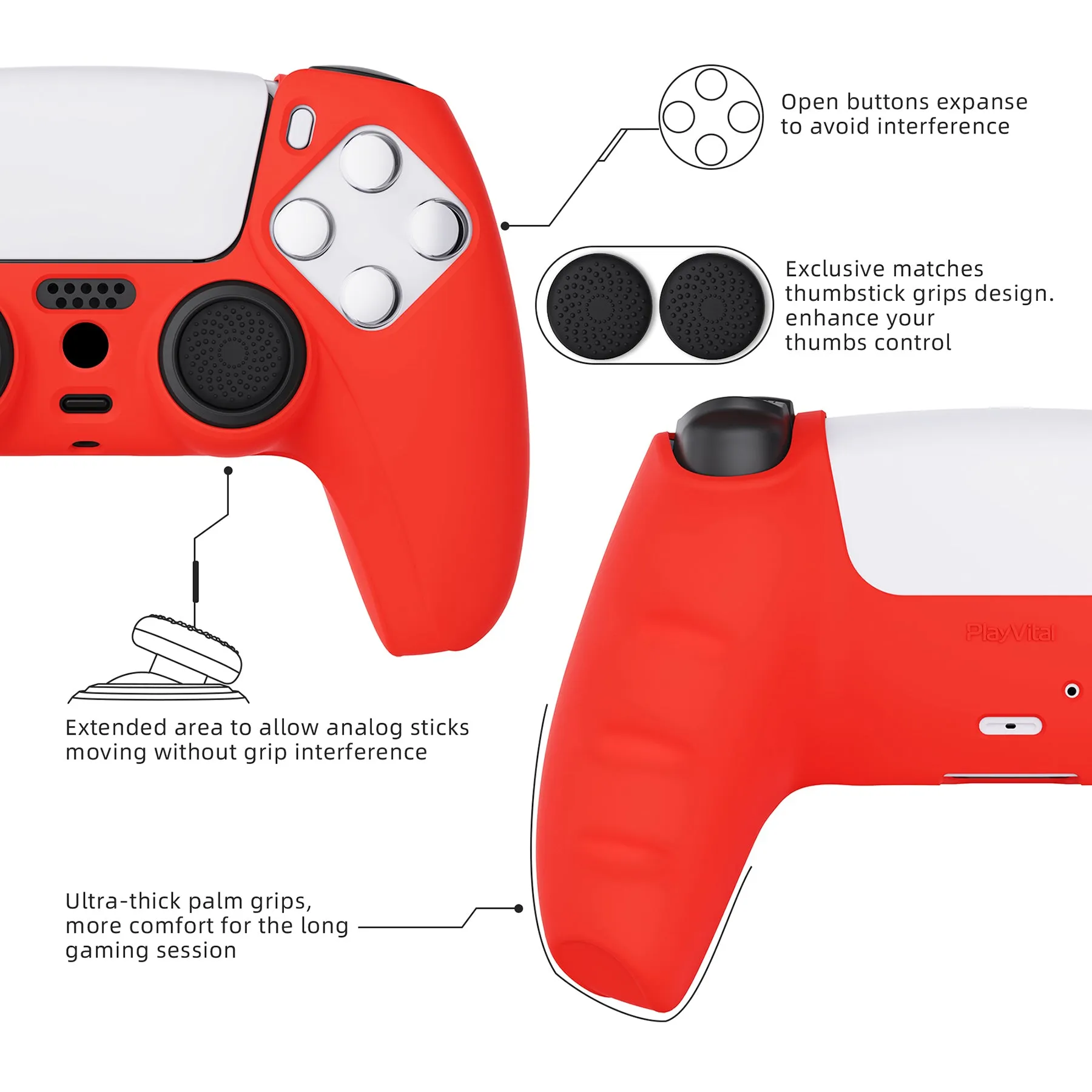 PlayVital Passion Red Pure Series Anti-Slip Silicone Cover Skin for PS 5 Controller, Soft Rubber Case for PS5 Controller with Black Thumb Grip Caps - KOPF017