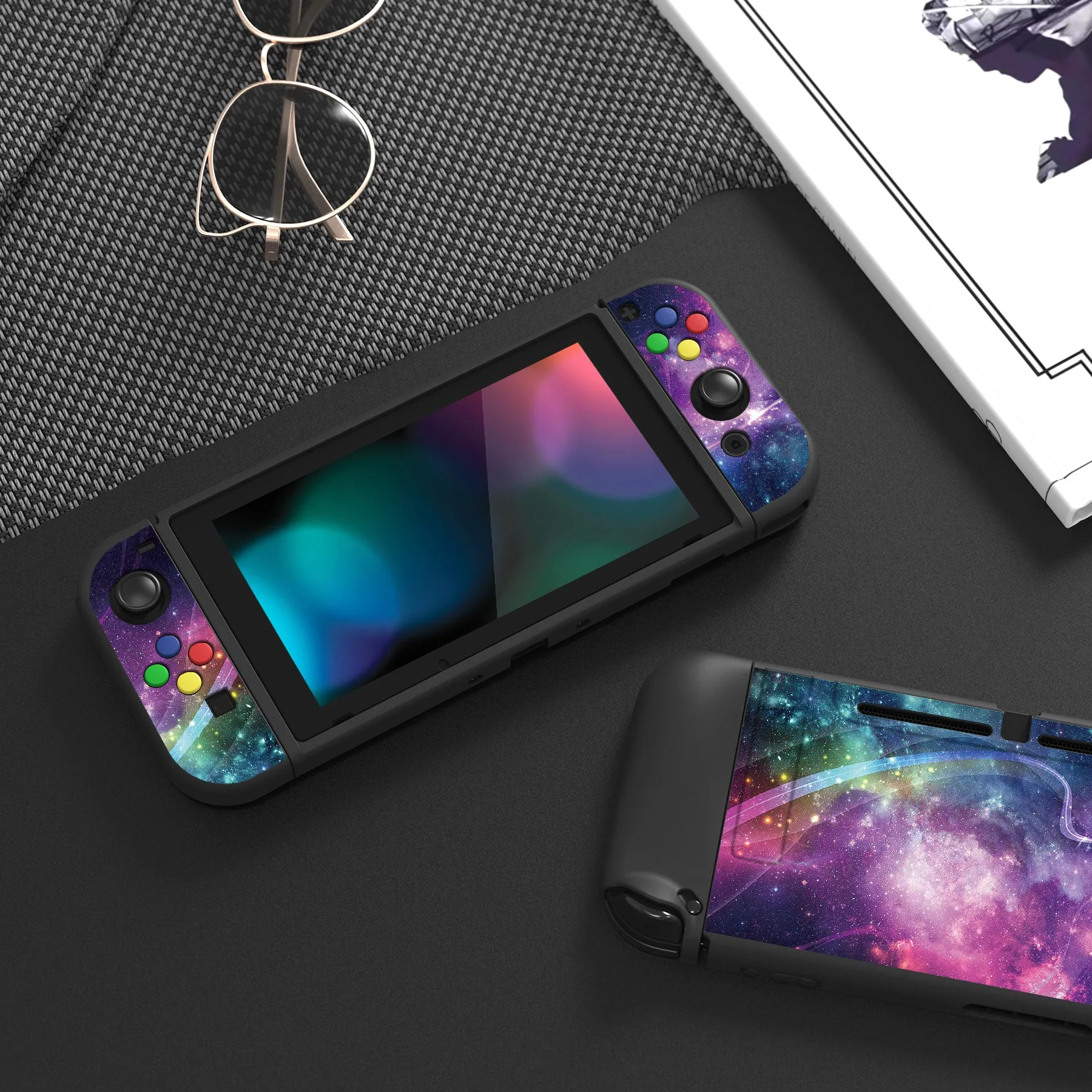 PlayVital Purple Galaxy Protective Case for NS Switch, Soft TPU Slim Case Cover for NS Switch Joy-Con Console with Colorful ABXY Direction Button Caps - NTU6015G2