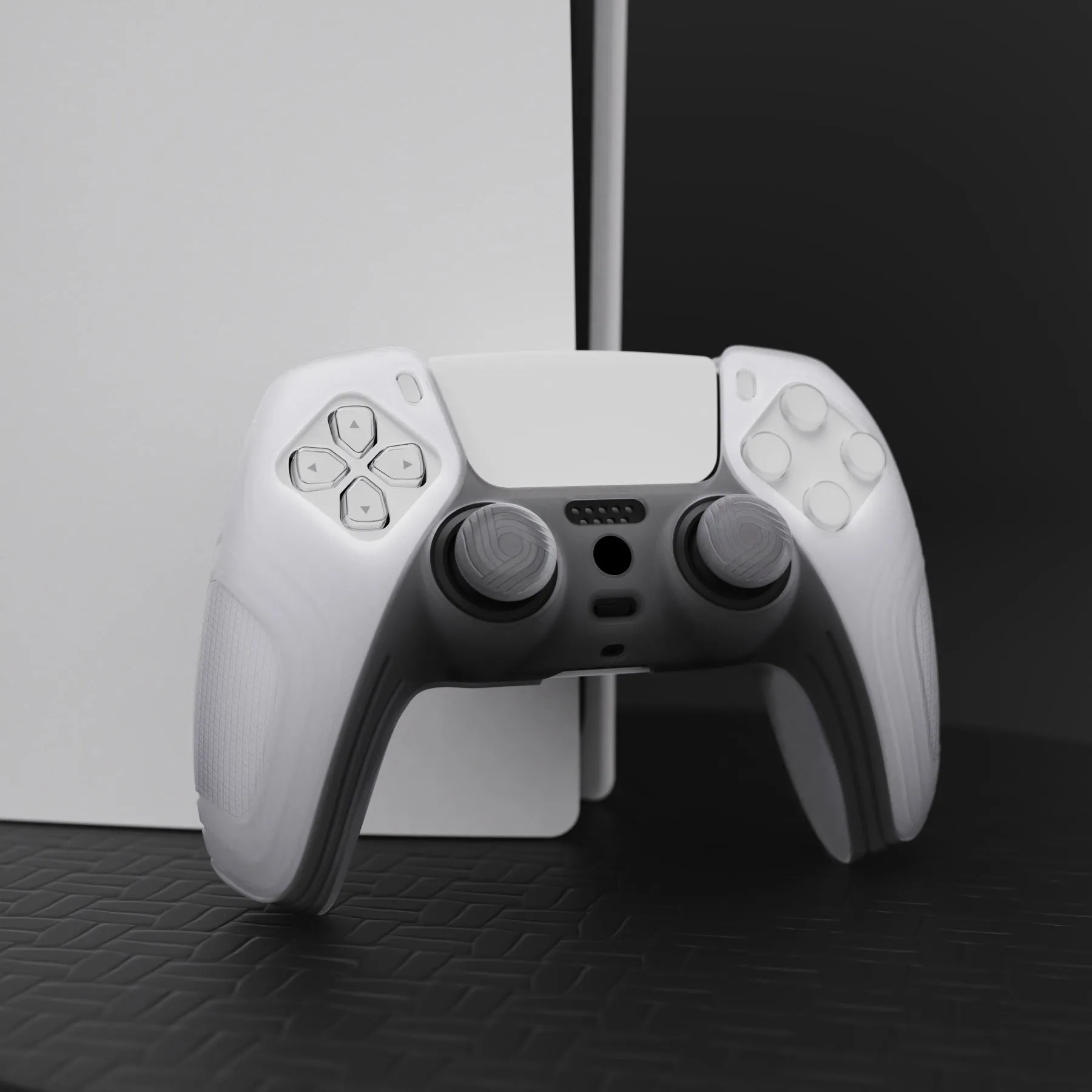 PlayVital Samurai Edition Clear White Anti-Slip Controller Silicone Skin for PS5 Controller, Ergonomic Soft Rubber Protective Case for PS 5 Controller with Clear White Thumb Stick Caps - BWPF013